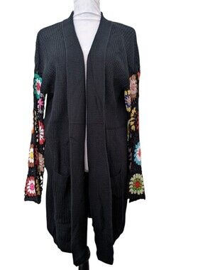 Black Long Cardigan Sweater Afghan Square Sleeves Cable Knit Cottagecore Size PS